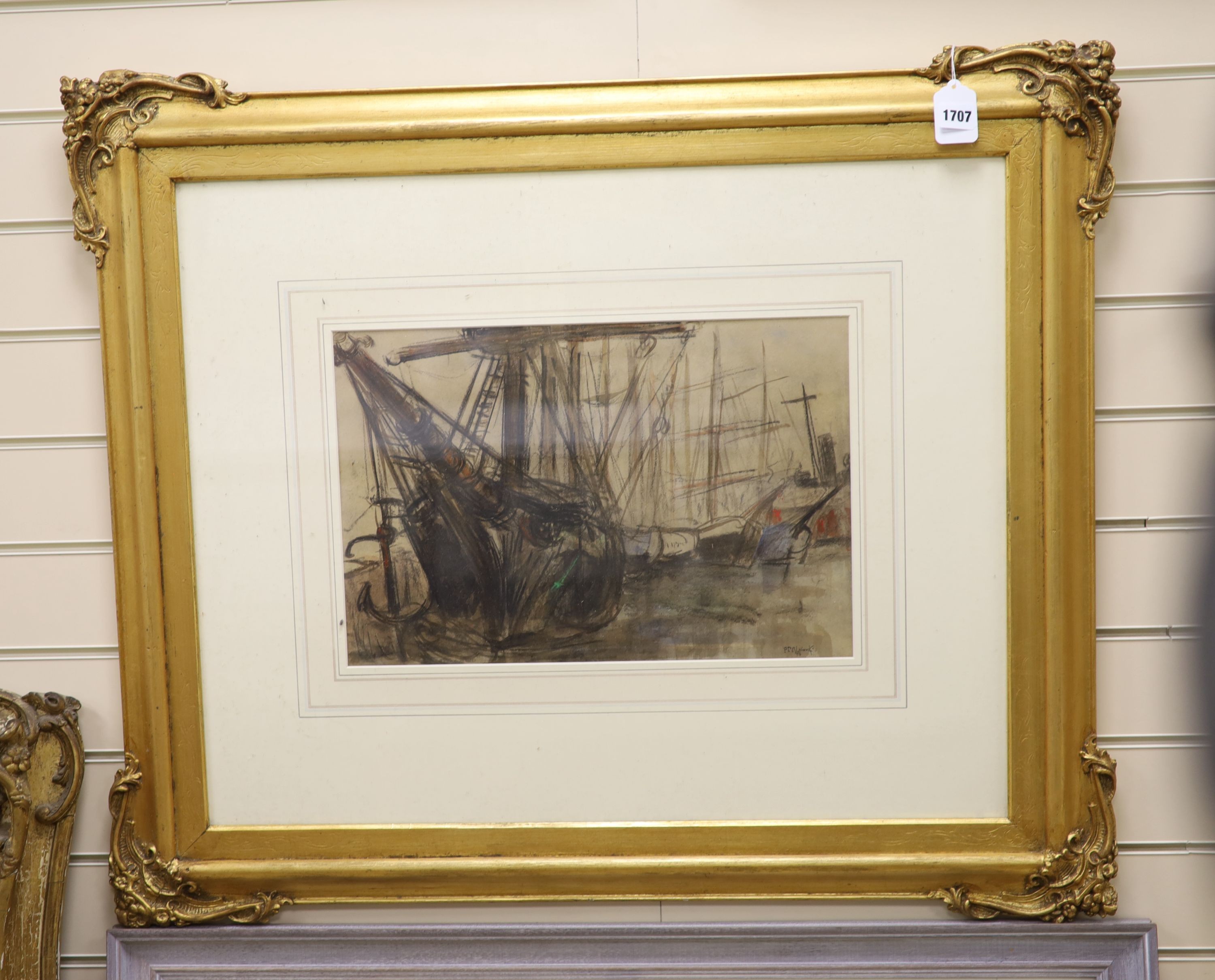 P.M. Lacroix, pastel, Study of ships in harbour, signed in ink and dated '38, 31 x 46cm